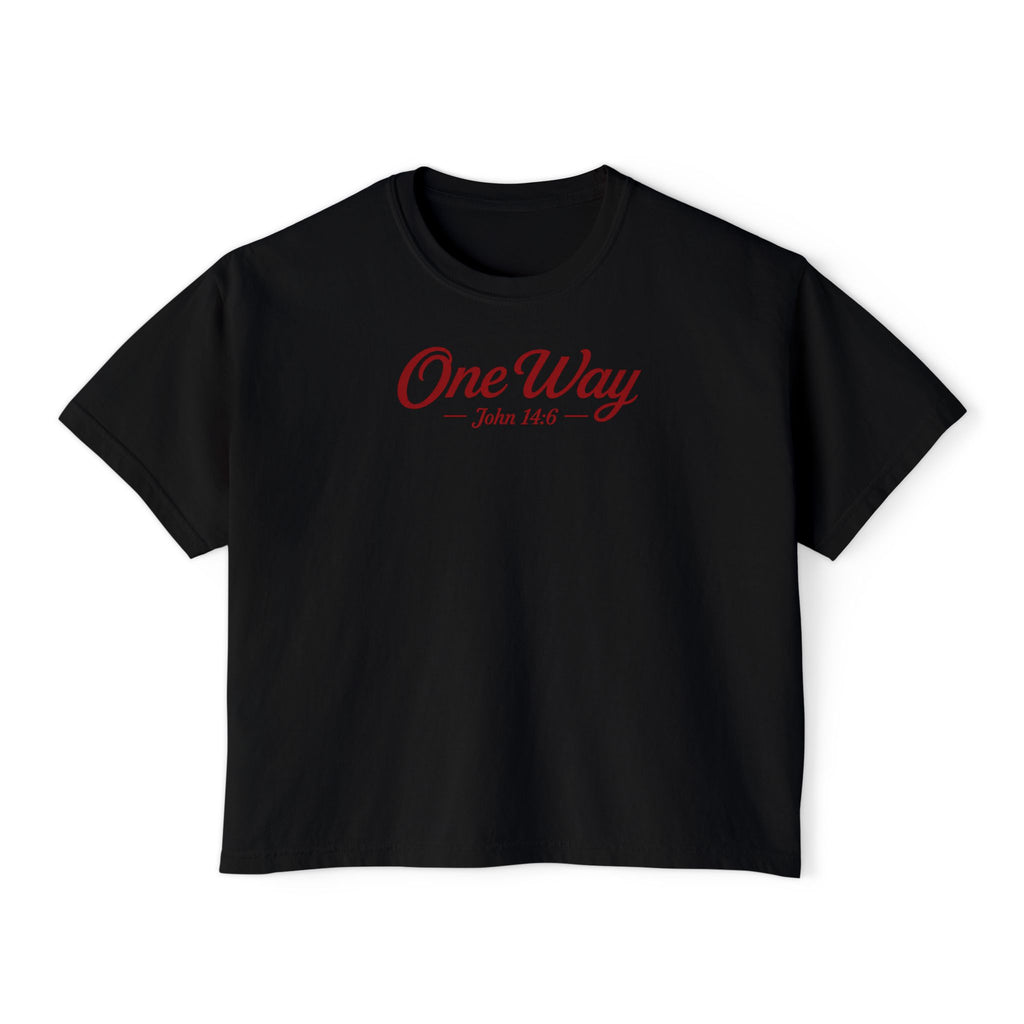 One Way John 14:6 Boxy Tee — Women's Christian Crop T‑Shirt with Back Cross