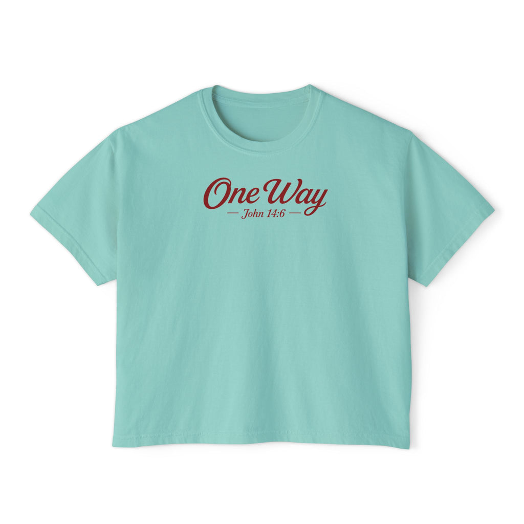One Way John 14:6 Boxy Tee — Women's Christian Crop T‑Shirt with Back Cross