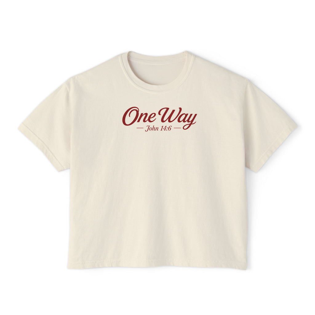 One Way John 14:6 Boxy Tee — Women's Christian Crop T‑Shirt with Back Cross