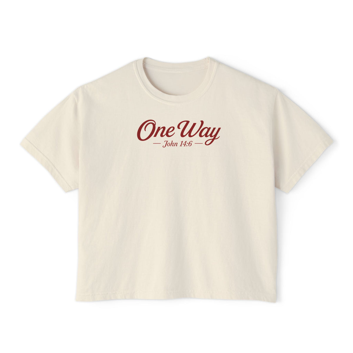 One Way John 14:6 Boxy Tee — Women's Christian Crop T‑Shirt with Back Cross