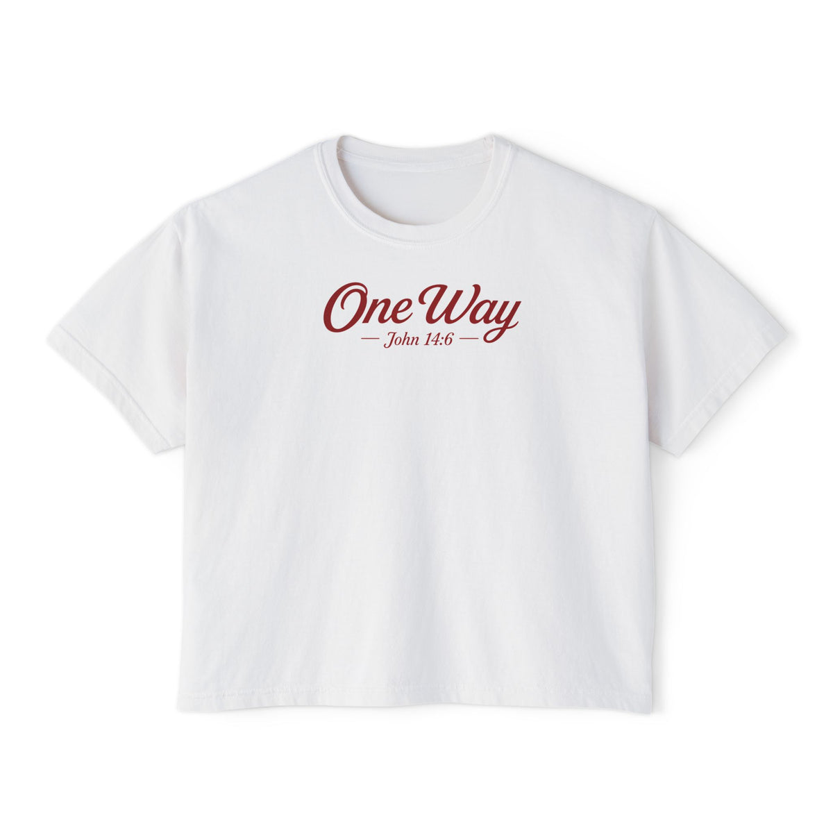 One Way John 14:6 Boxy Tee — Women's Christian Crop T‑Shirt with Back Cross